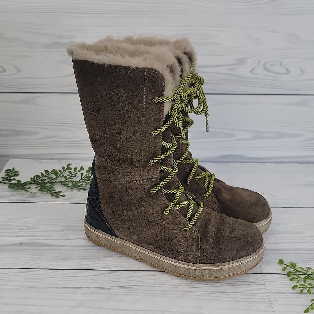 Sorel Glacy Winter Boots Brown Leather  Faux Fur Lining Womens Size 6